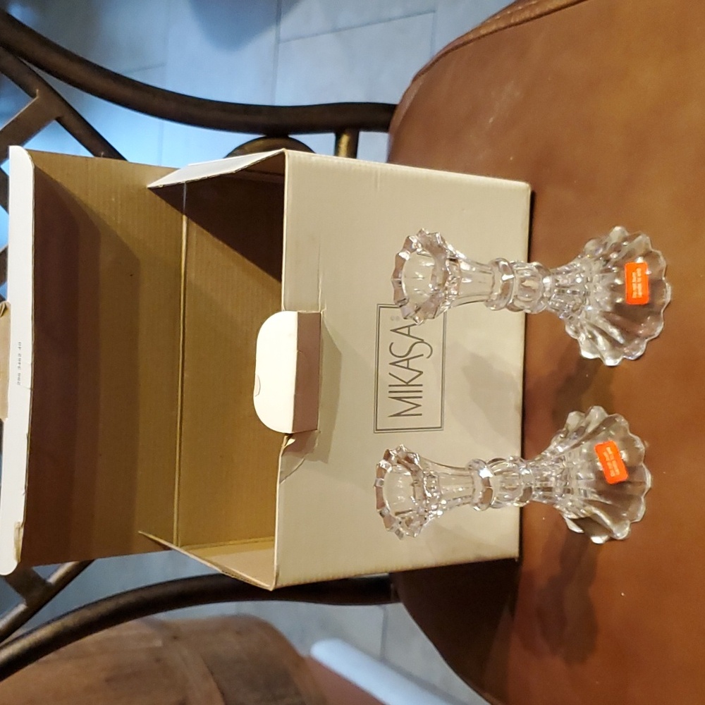 Mikasa Sterling Crystal 2 piece Candle Holders NIB New Made in Austria 5" Tall